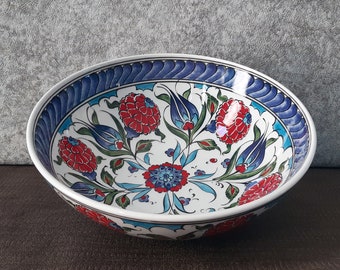 Handmade Turkish Ceramic Bowl: Floral Salad Fruit Bowl (10.2" Diameter)