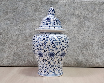 Turkish Hand Painted Ceramic Art Pottery Shah Jar Ginger Jar 24 cm of Length (9.4”) Blue and White