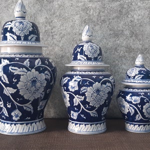 Handmade Ceramic Ginger Jar Set, Chinoiserie Set, Bleu Blanc Ginger Jar set image 2