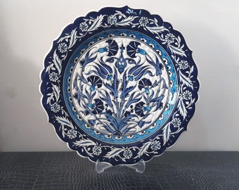 Turkish Hand Painted Ceramic Pottery Handmade Decorative Plate Serving Plate 30,5 cm Blue and White Wall Decor