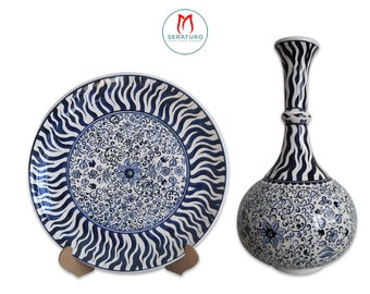 Turkish Handmade 30 cm (12.2 inches) Ceramic Plate and 40 cm (15.75 inches) Teardrop Vase Set Gifts for Her