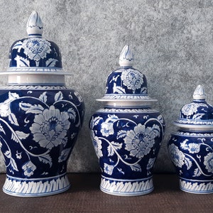 Handmade Ceramic Ginger Jar Set, Chinoiserie Set, Bleu Blanc Ginger Jar set image 1