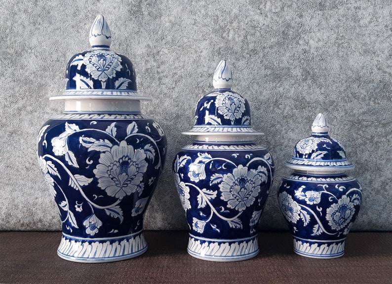 Handmade Ceramic Ginger Jar Set, Chinoiserie Set, Bleu Blanc Ginger Jar set image 1