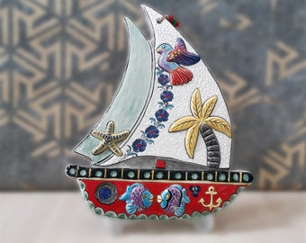 Handmade Ceramic Wall Decor, Sailboat Decor, Handmade Ceramic Wall Art, 33 cm Length