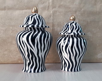 Handmade Ceramic Ginger Jar Set, Zebra Design Ginger Jar Set, Xmas Gift, Gifts for Her