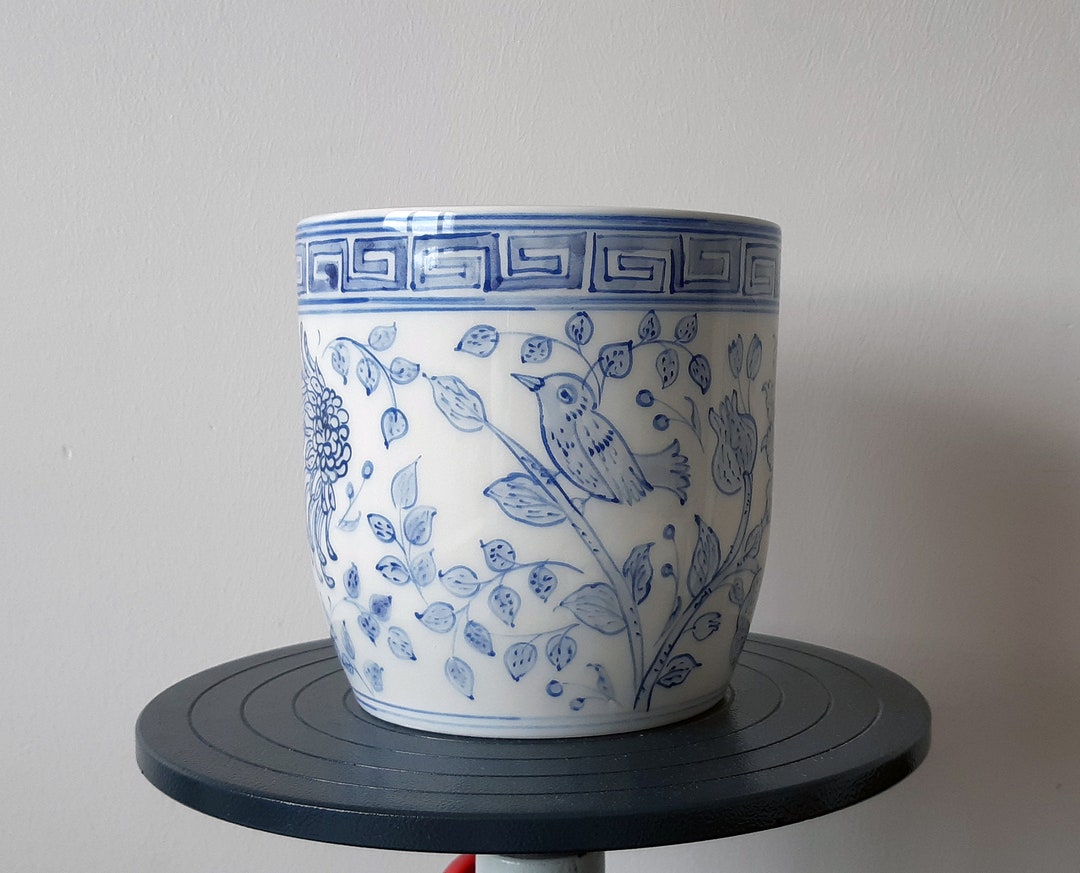 Kitchen Utensil Holder: Handmade Ceramic Planter: Blue and White Chinoiserie Pot