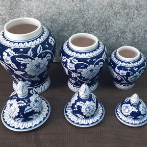 Handmade Ceramic Ginger Jar Set, Chinoiserie Set, Bleu Blanc Ginger Jar set image 6