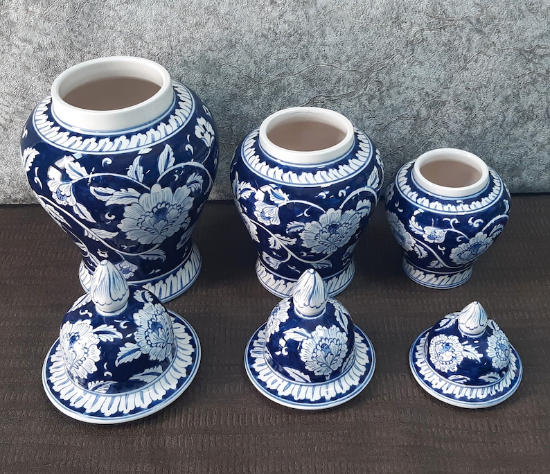 Handmade Ceramic Ginger Jar Set, Chinoiserie Set, Bleu Blanc Ginger Jar set image 6