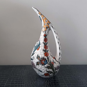 Turkish Hand-Painted Ceramic Pelican Jug: Kutahya Art Pottery
