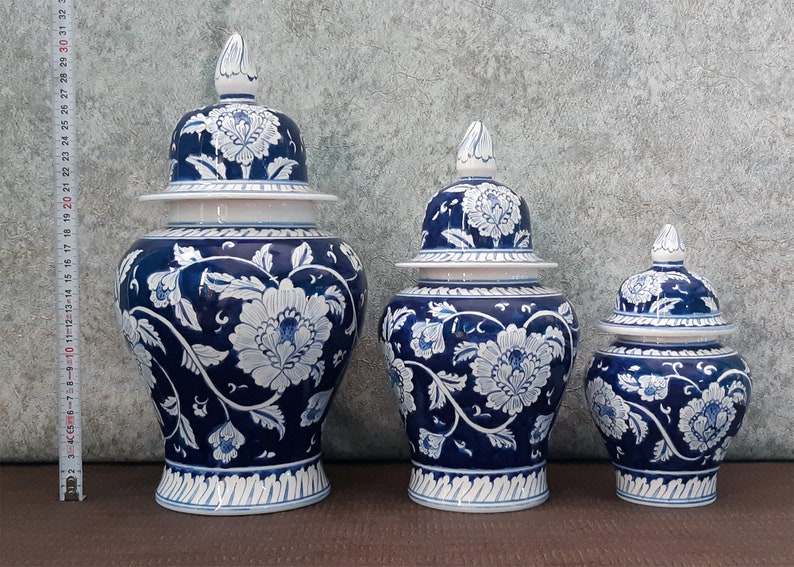 Handmade Ceramic Ginger Jar Set, Chinoiserie Set, Bleu Blanc Ginger Jar set image 4