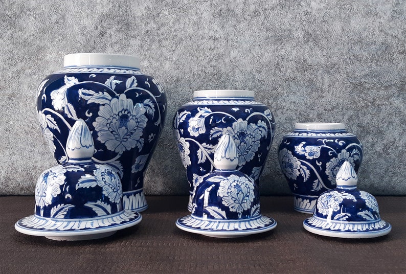 Handmade Ceramic Ginger Jar Set, Chinoiserie Set, Bleu Blanc Ginger Jar set image 5