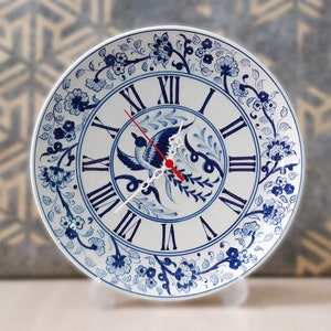 Handmade Ceramic Wall Clock, 31 cm in Diameter, Wall Decor, Vintage Clock, Chinoiserie Clock, Bleu-Blanc, Blue and White