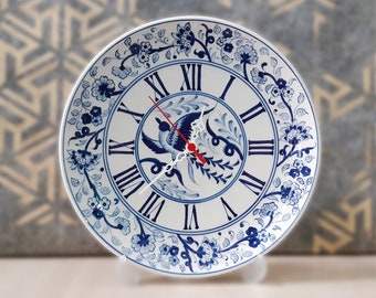 Handmade Ceramic Wall Clock, 31 cm in Diameter, Wall Decor, Vintage Clock, Chinoiserie Clock, Bleu-Blanc, Blue and White