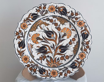 Vintage Turkish Hand Painted Iznik Blue Red Floral Carnation