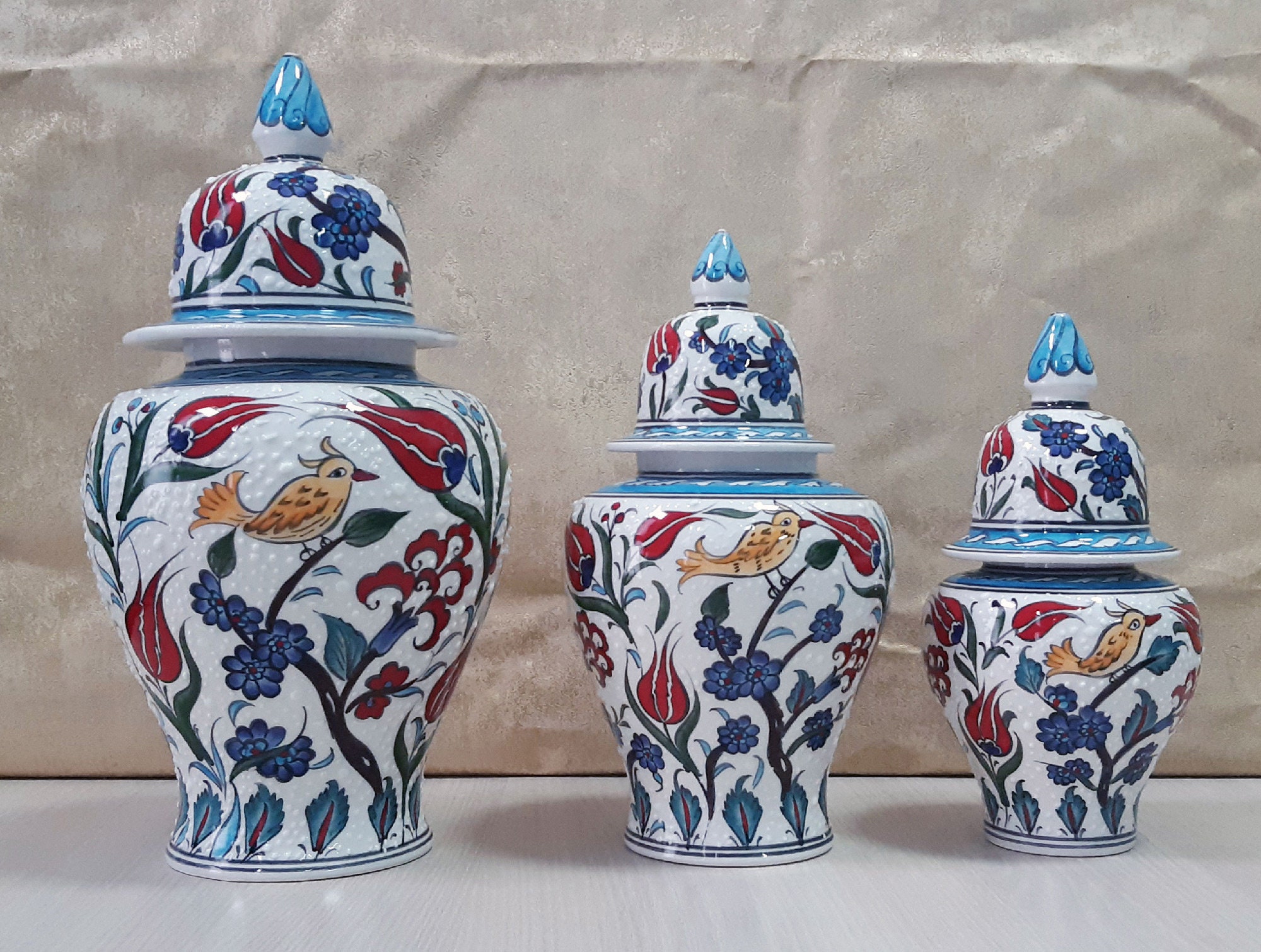 Handmade Ceramic Ginger Jar Set, Turkish Ginger Jar Set, Colorful Ginger Jar Set