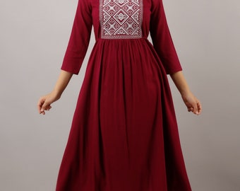 Womens Solid Dyed Rayon Designer Embroidered A-Line Kurta - Kr047maroon