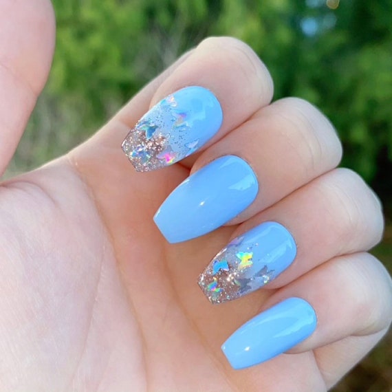 Baby Blue Holographic Butterfly Press On Nails French Tip Etsy