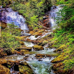 Könnte beinhalten: Ein Wasserfall stürzt über mit Moos bedeckte Felsen in einem üppigen, grünen Wald. Das Wasser stürzt über die Felsen und bildet eine Reihe kleiner Becken und Stromschnellen. Der Wald ist dicht und grün, mit hohen Bäumen und Farnen.
