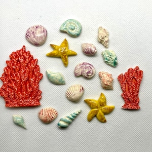 Puede incluir: Una colecci&oacute;n de encantos de cer&aacute;mica de vida marina, que incluyen coral, estrellas de mar, conchas marinas y una concha. Los encantos est&aacute;n pintados en varios colores, incluidos el rojo, el amarillo, el azul y el morado.