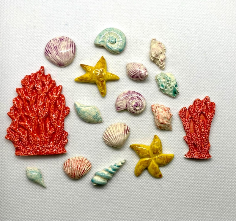 Puede incluir: Una colecci&oacute;n de encantos de cer&aacute;mica de vida marina, que incluyen coral, estrellas de mar, conchas marinas y una concha. Los encantos est&aacute;n pintados en varios colores, incluidos el rojo, el amarillo, el azul y el morado.