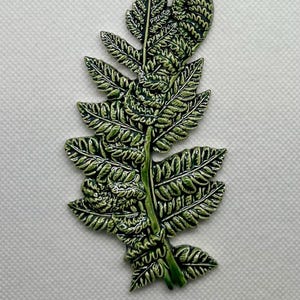 May include: A ceramic fern frond in shades of green, with detailed leaf patterns and a glossy finish. The botanical design is set against a neutral background, showcasing the intricate details of the plant.