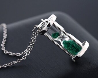 Emerald Dust Hourglass Pendant,0.75 Ct  'Time in a Bottle' t, .925 Sterling Silver, Green Emerald pendent,Hourglass ,May birthstone