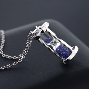 Blue sapphire Dust Hourglass Pendant, 0.75 Ct 'Time in a Bottle' 925 Sterling Silver, Blue sapphire  handmade pendent, September birthstone