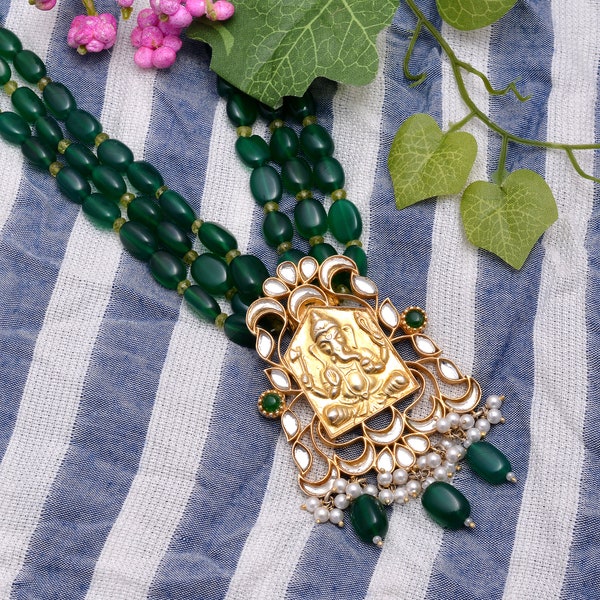 Ganesh necklace,18 Kt Gold Plated Sterling Silver vajra Ganesh,Ganesh mirror with  Emerald Smooth Oval Beads Necklace,gold ganesh,indian god