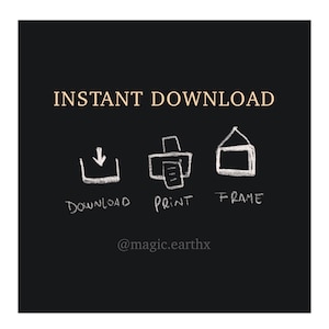 K&ouml;nnte beinhalten: Ein Schwarzwei&szlig;bild mit dem Text "INSTANT DOWNLOAD" oben. Unter dem Text befinden sich drei Symbole: ein Download-Symbol, ein Druckersymbol und ein Rahmensymbol. Der Text "DOWNLOAD", "PRINT" und "FRAME" steht unter jedem Symbol. Der Text "@magic.earthx" befindet sich unten im Bild.