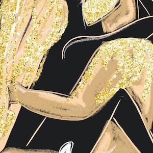 K&ouml;nnte beinhalten: Abstrakter digitaler Kunstdruck mit zwei Figuren in einem Schwarz-Gold-Farbschema. Die Figuren sind ineinander verschlungen und scheinen sich zu umarmen. Der Hintergrund ist schwarz mit goldenen Glitzerakzenten.