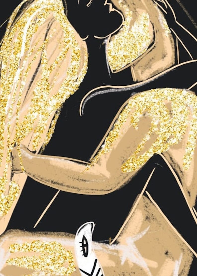 K&ouml;nnte beinhalten: Abstrakter digitaler Kunstdruck mit zwei Figuren in einem Schwarz-Gold-Farbschema. Die Figuren sind ineinander verschlungen und scheinen sich zu umarmen. Der Hintergrund ist schwarz mit goldenen Glitzerakzenten.