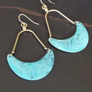 Crescent moon dangler, Patine Blue and gold ear danglers, Drop and dangle, Gold plated brass, Modern earrings, ME20