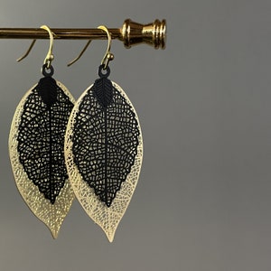 Gold leaf danglers, Filigree earrings, Gold and black leaf earrings, Drop and dangle, Brass ear danglers, Light earrings, Gift for her, ME26
