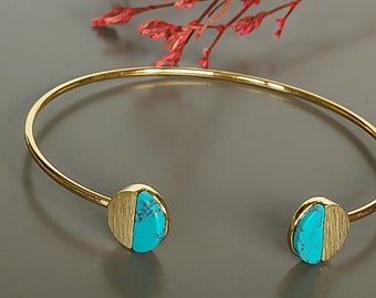 Turquoise marble gold bracelet, Full moon blue bracelet, Gold cuff bangle, Free size bracelet, Minimalist bangle, Gold plated brass, MB33