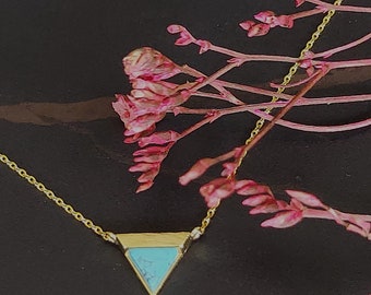 Turquoise blue triangle necklace, Minimalist gold necklace,Modern jewellery, Gold plated brass necklace, Elegant gift, MN12