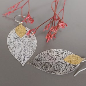 Silver leaf danglers, Filigree earrings, Rhodium and gold leaf earrings, Drop and dangle, Brass ear danglers, Modern earrings, ME22