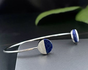Lapis lazuli bracelet, Silver and blue full moon cuff, White gold bracelet, Free size bracelet, Modern rhodium plated bangle, MB67