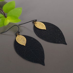 Black leaf danglers, Filigree earrings, Black and gold leaf earrings, Drop and dangle, Brass ear danglers, Modern earrings, ME21