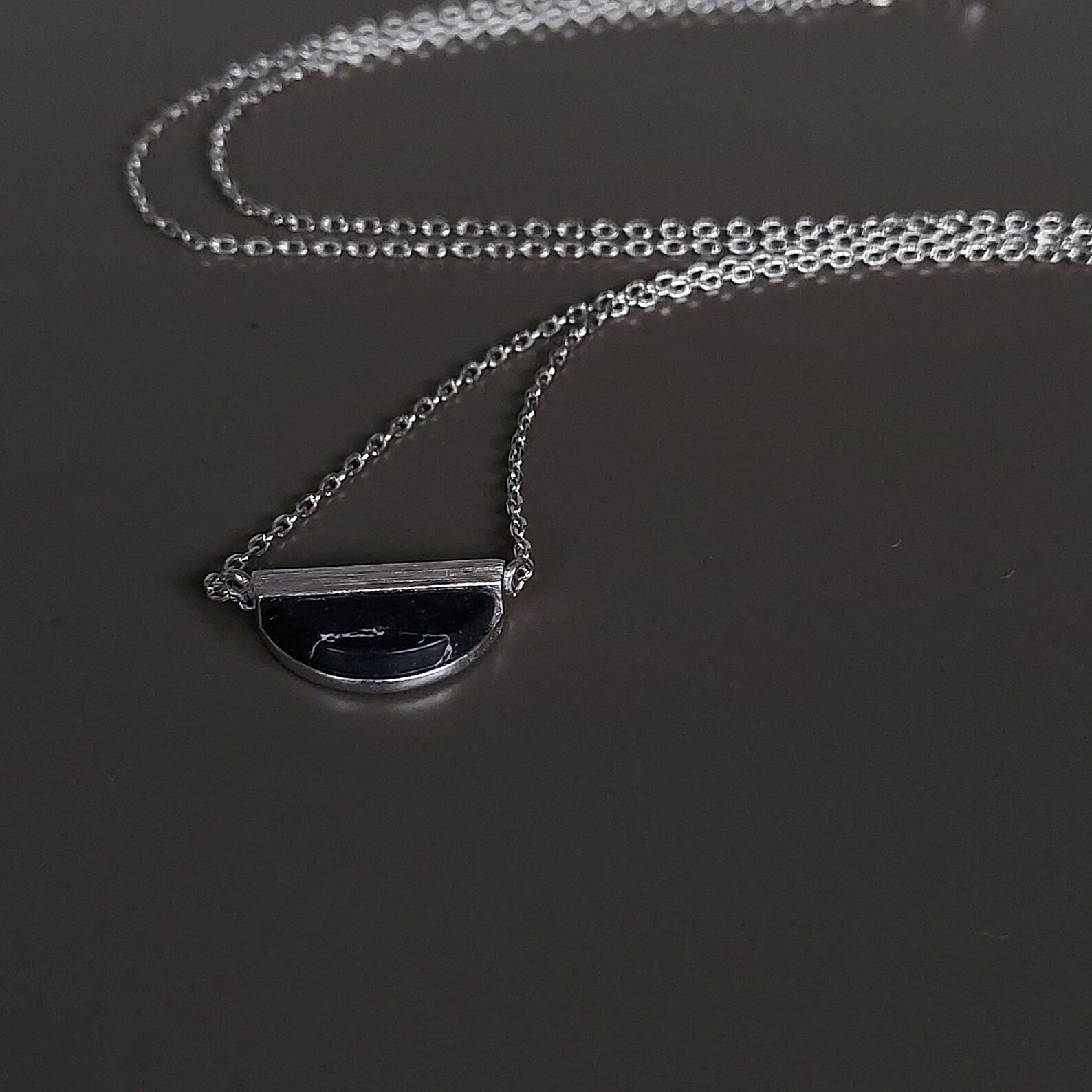 Black Howlite Stone Necklace, Semicircle Charm, Rhodium Plated Brass