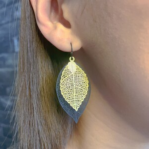 Gold leaf danglers, Filigree earrings, Gold and black leaf earrings, Drop and dangle, Brass ear danglers, Bohemian earrings, ME28