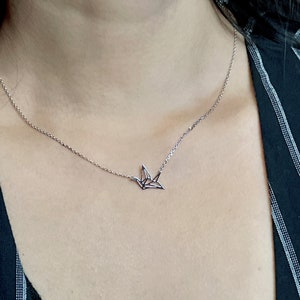 Silver origami crane necklace, Rhodium plated chain, Bird charm, Charm necklace, Minimalist necklace, Gift for her, MN97