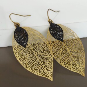 Gold leaf danglers, Filigree earrings, Gold and black leaf earrings, Drop and dangle, Brass ear danglers, Bohemian earrings, ME23