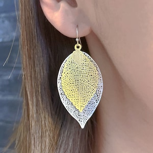 Gold and silver leaf danglers, Filigree earrings, Rhodium and gold plated earrings, Drop and dangle, Brass ear danglers, ME27