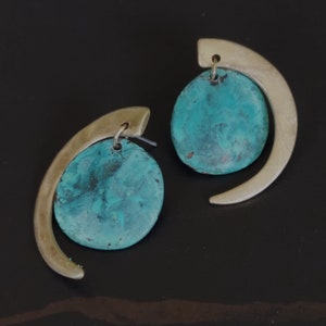 Patine full moon dangler, Blue and gold ear danglers, Crescent dangler, Drop and dangle, Gold plated brass, Modern earrings, ME16