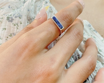 Anillo de barra con piedra de lapislázuli, anillo de rodio y azul marino de talla única/anillo para el pie, anillo moderno, anillo de barra, anillo geométrico, joyería bohemia, MR6