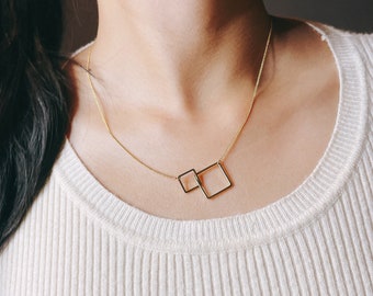 Gold squares charm necklace, Minimalist gold necklace, Charm necklace, Geometric necklace, Gold plated dainty necklace, Gift for her, MN147