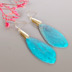 Patine ear dangler, Egyptian blue and gold ear danglers, Drop and dangle, Statement earrings, Gold plated brass, Modern earrings, ME43