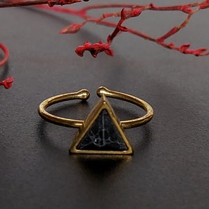 May include: An adjustable ring in gold colour, featuring a triangular, dark blue stone with a textured pattern. The ring's band is open at the top for size adjustment. The ring is set against a dark background with red floral accents.