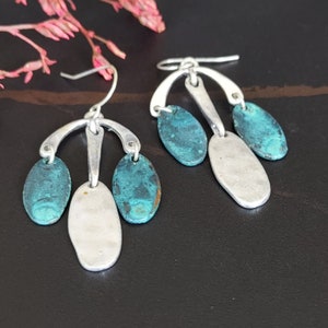 Patine ear dangler, Egyptian ear danglers, Blue and silver, Drop and dangle, Statement earrings, Rhodium plated brass, Modern earrings, ME19