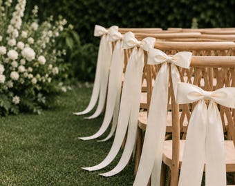 Pre Tied Ivory Satin Chair Bows, Wedding Aisle Ribbon Bow Decor, Elegant Ceremony Chair Decor